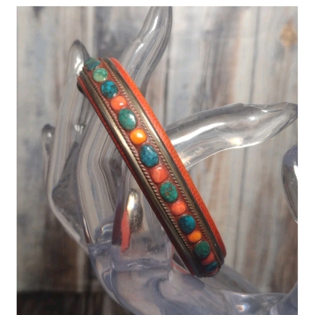 CHARLIE FAVOUR Sterling Silver Red/Orange Turquoise Row Bracelet EUC red leather